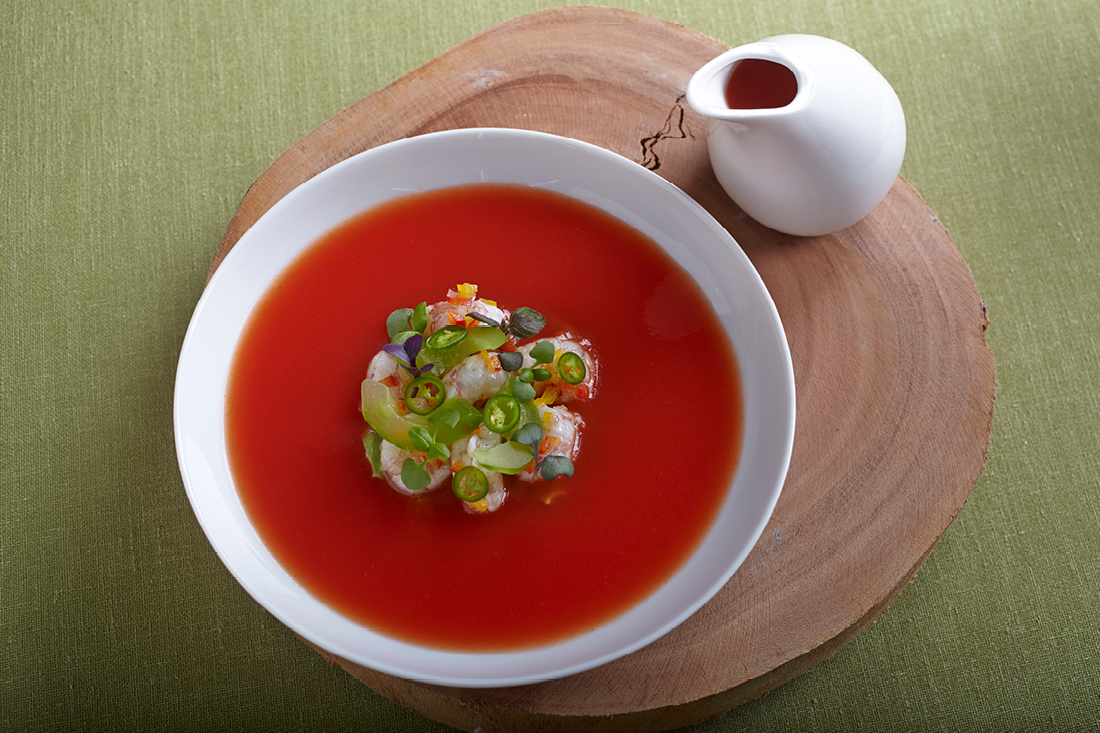 Chilled Early Girl Tomato Soup with Rock Shrimp Ceviche, Avocado Mousse